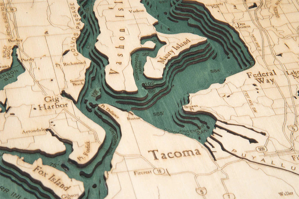 Puget Sound 3D Wood Chart - Dark Frame Tacoma Detail