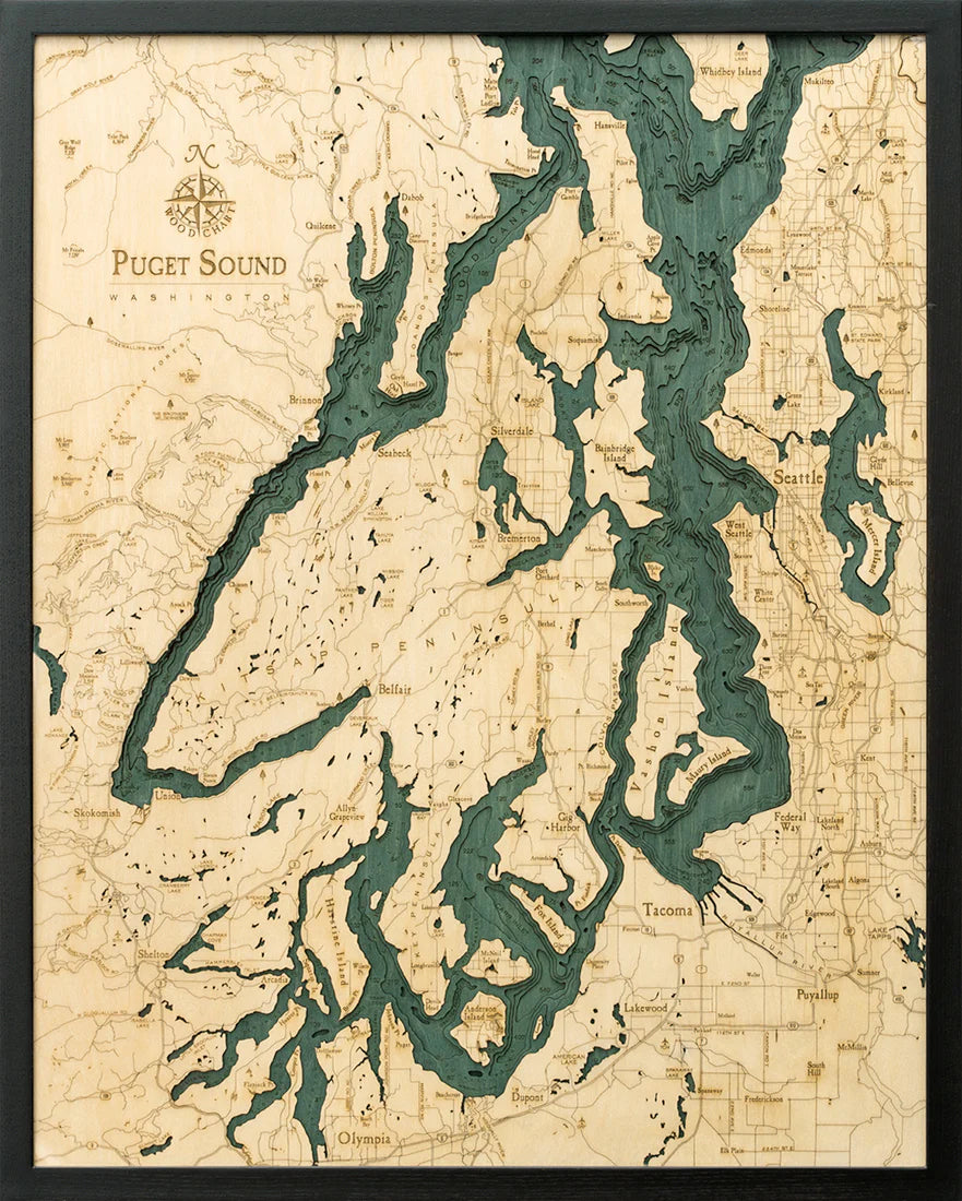 Puget Sound 3D Wood Chart - Dark Frame