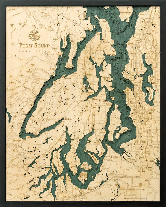 Puget Sound 3D Wood Chart - Dark Frame