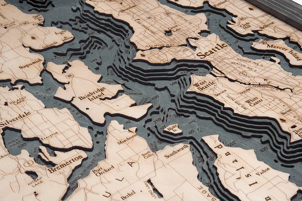 Puget Sound 3D Wood Chart - Grey Frame Detail