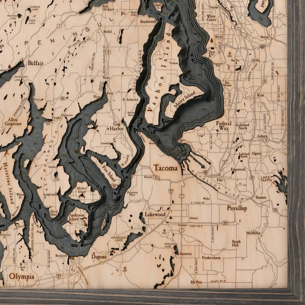 Puget Sound 3D Wood Chart - Grey Frame Tacoma Area Detail