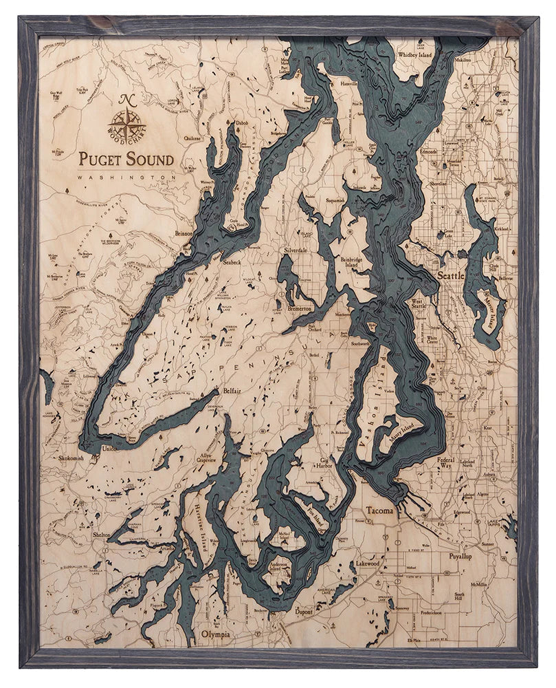 Puget Sound 3D Wood Chart - Grey Frame