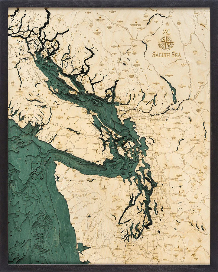Salish Sea 3D Nautical Wood Chart - Dark Frame