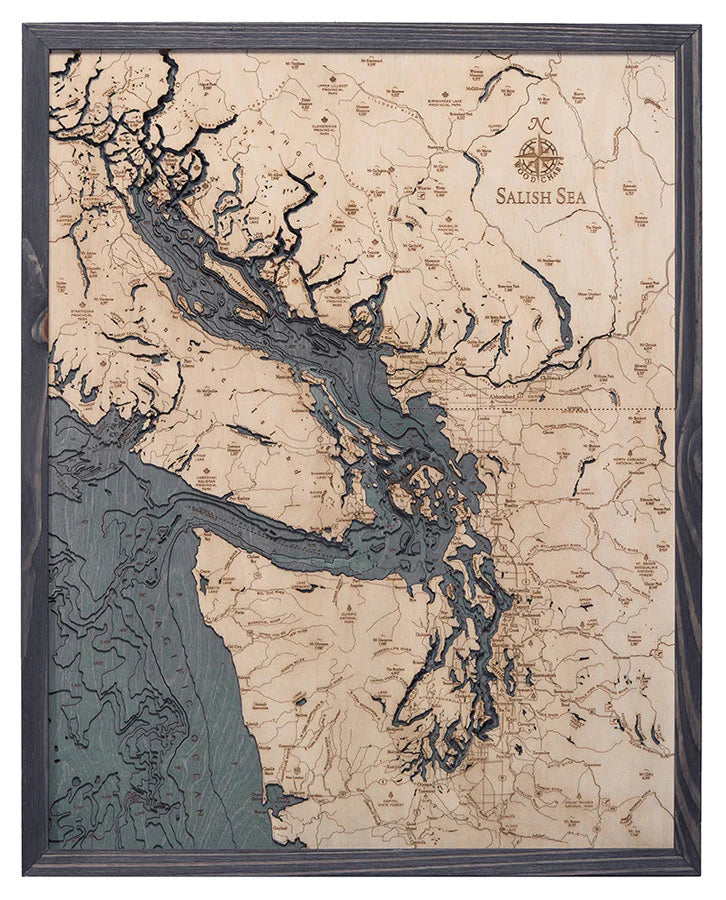Salish Sea 3D Nautical Wood Chart - Gray Frame