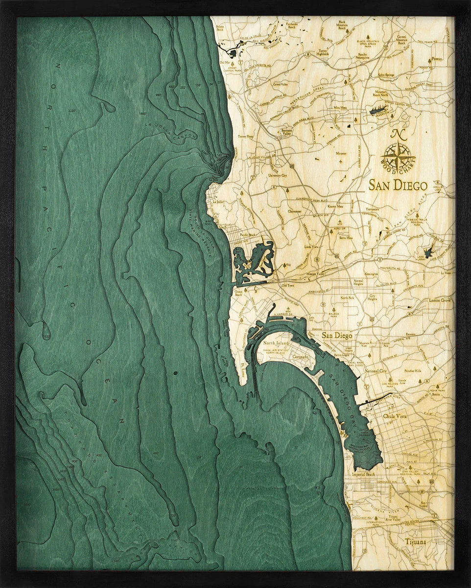 San Diego, CA 3D Nautical Wood Chart - Dark Frame