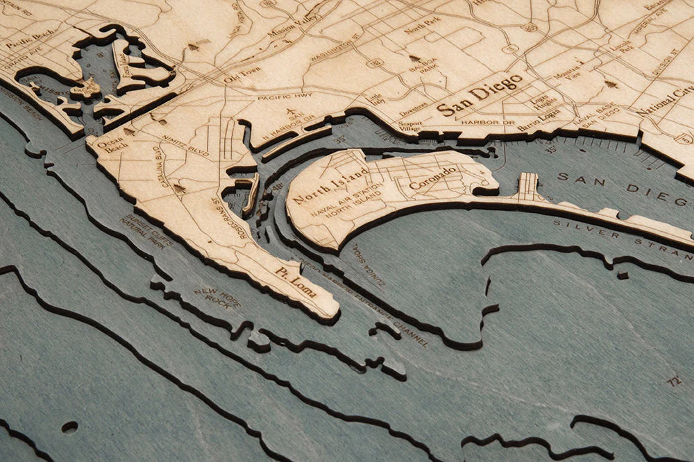 San Diego, CA 3D Nautical Wood Chart - Gray Frame Detail
