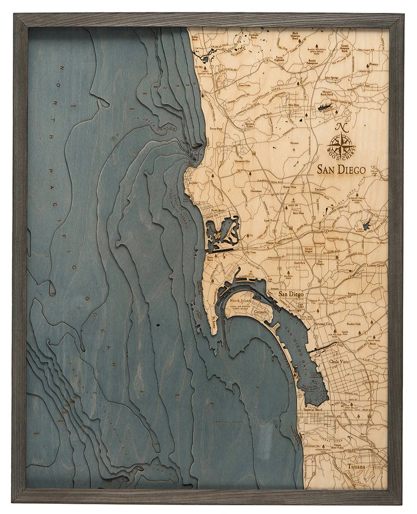 San Diego, CA 3D Nautical Wood Chart - Gray Frame
