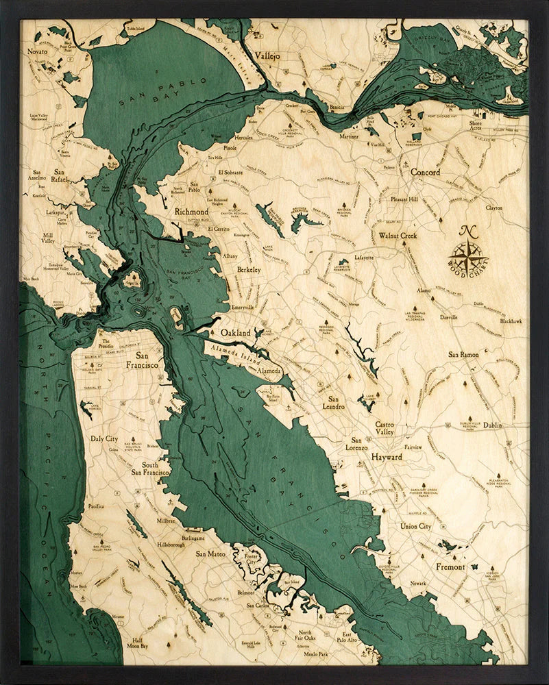 San Francisco 3D Nautical Wood Chart - Large - Dark Frame
