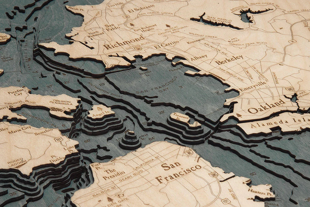San Francisco 3D Nautical Wood Chart - Large - Gray Frame Detail