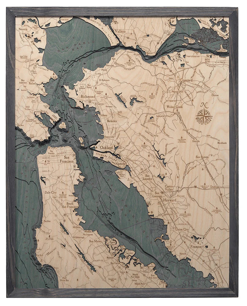 San Francisco 3D Nautical Wood Chart - Large - Gray Frame