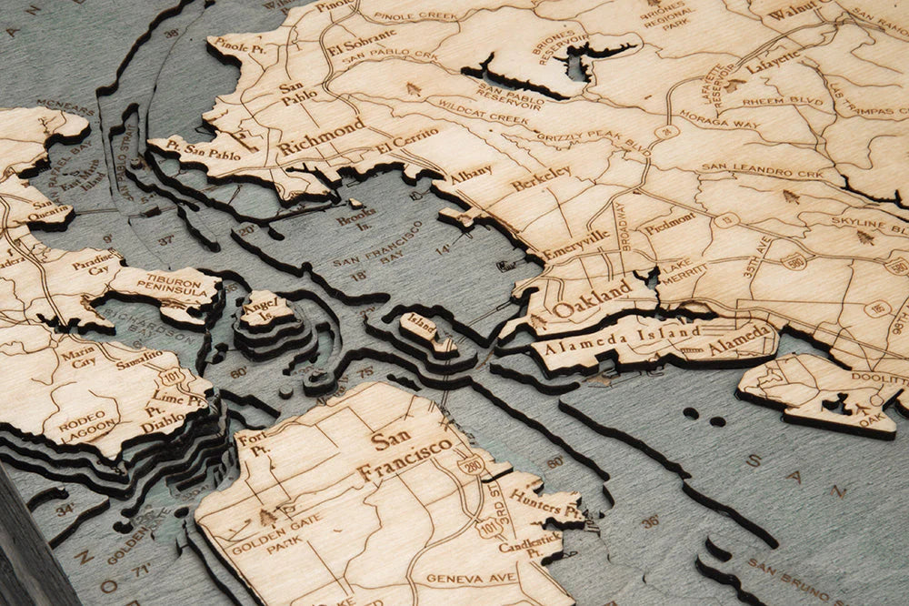 San Francisco 3D Nautical Wood Chart - Small - Gray Frame Detail