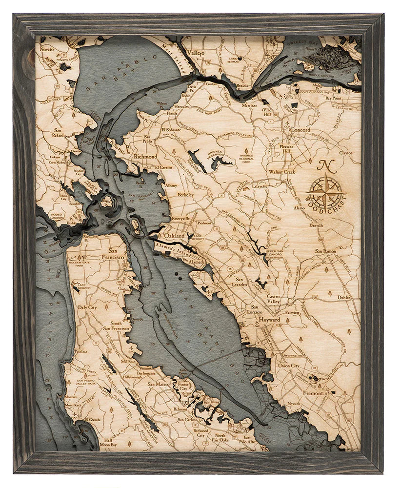 San Francisco 3D Nautical Wood Chart - Small - Gray Frame