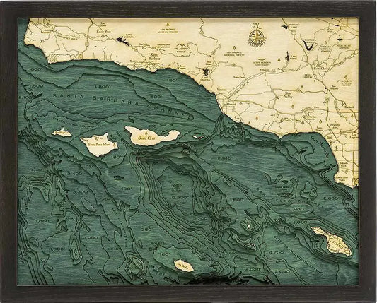 Santa Barbara / Channel Islands, CA 3D Nautical Wood Chart - Dark Frame