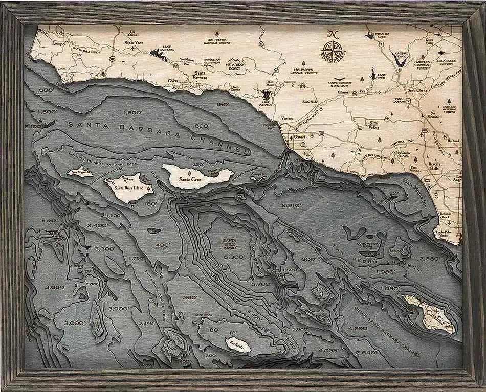 Santa Barbara / Channel Islands, CA 3D Nautical Wood Chart - Gray Frame