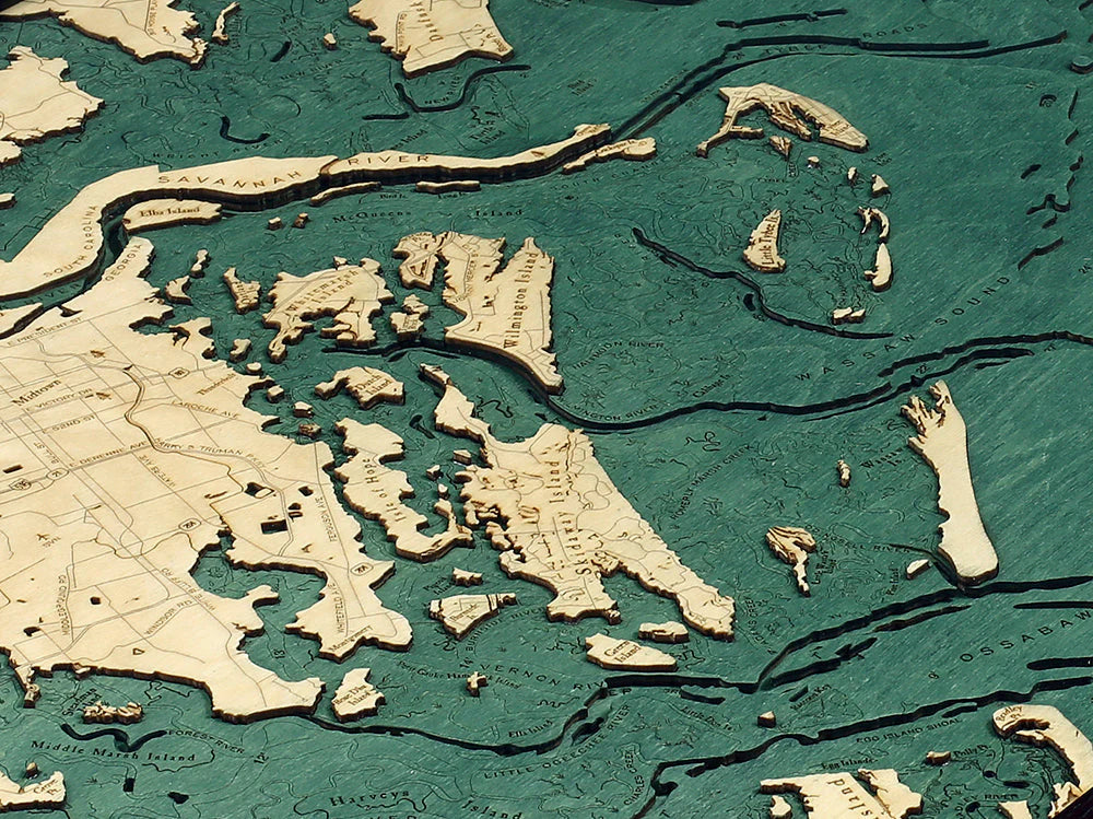 Savannah, GA 3D Nautical Wood Chart - Dark Frame Detail
