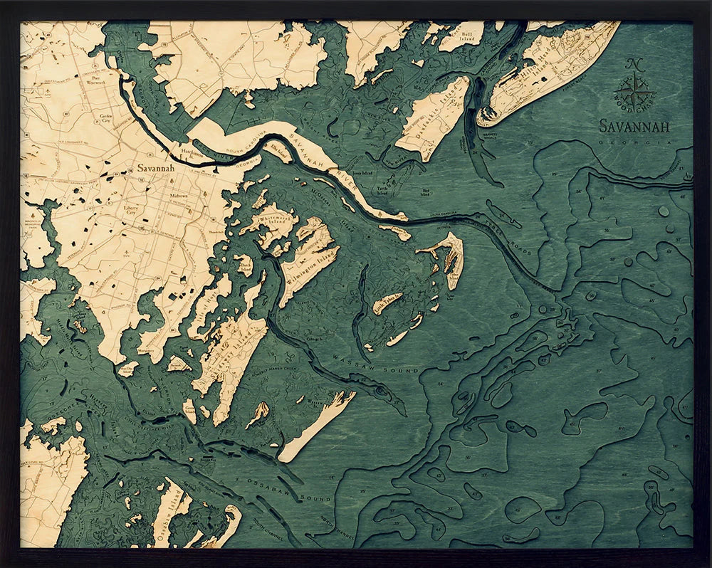 Savannah, GA 3D Nautical Wood Chart - Dark Frame