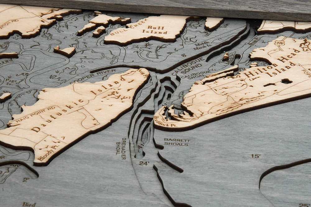 Savannah, GA 3D Nautical Wood Chart - Gray Frame Detail (Hilton Head)