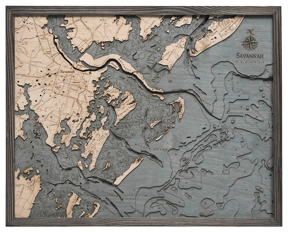 Savannah, GA 3D Nautical Wood Chart - Gray Frame