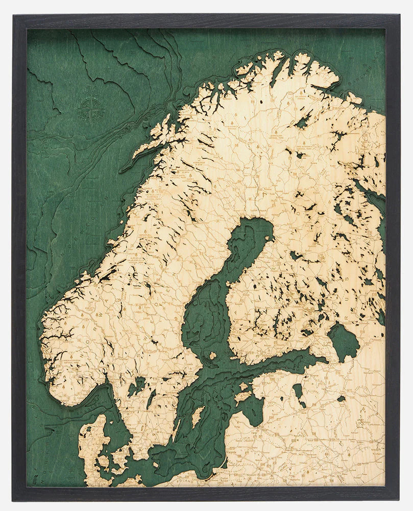Scandinavia 3D Nautical Wood Chart - Dark Frame