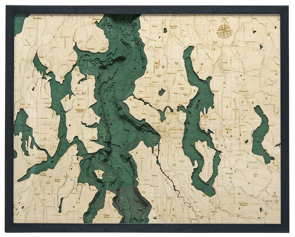 Seattle, WA 3D Nautical Wood Chart - Dark Frame