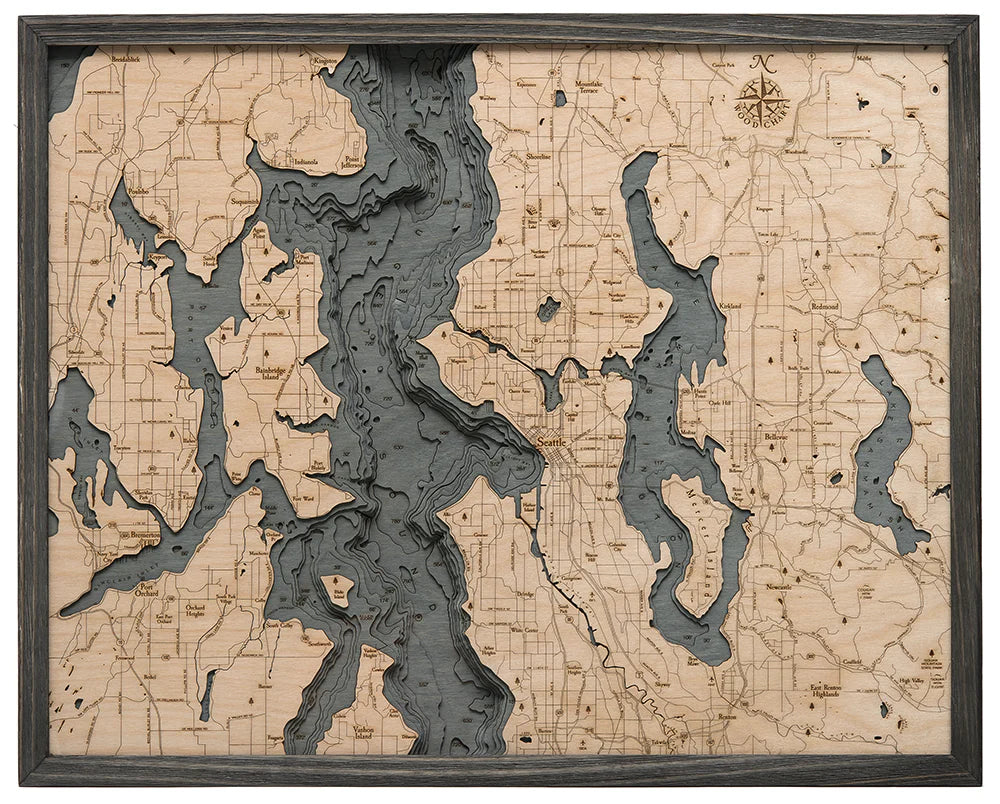 Seattle, WA 3D Nautical Wood Chart - Gray Frame