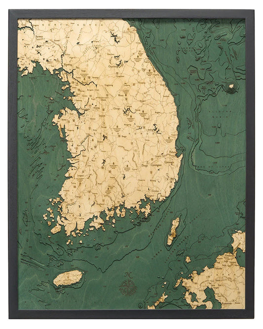 South Korea 3D Nautical Wood Chart - Dark Frame