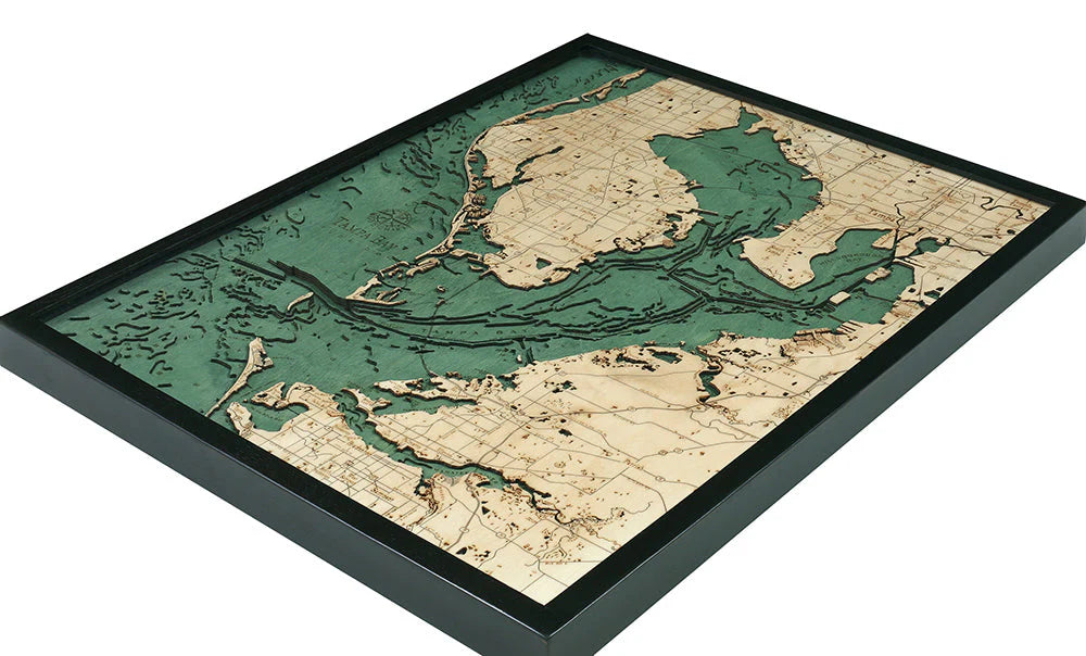 Tampa Bay, FL 3D Nautical Wood Chart - Dark Frame Sideview