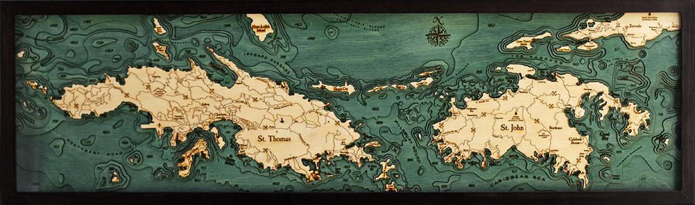 U.S. Virgin Islands 3D Nautical Wood Chart - Dark Frame