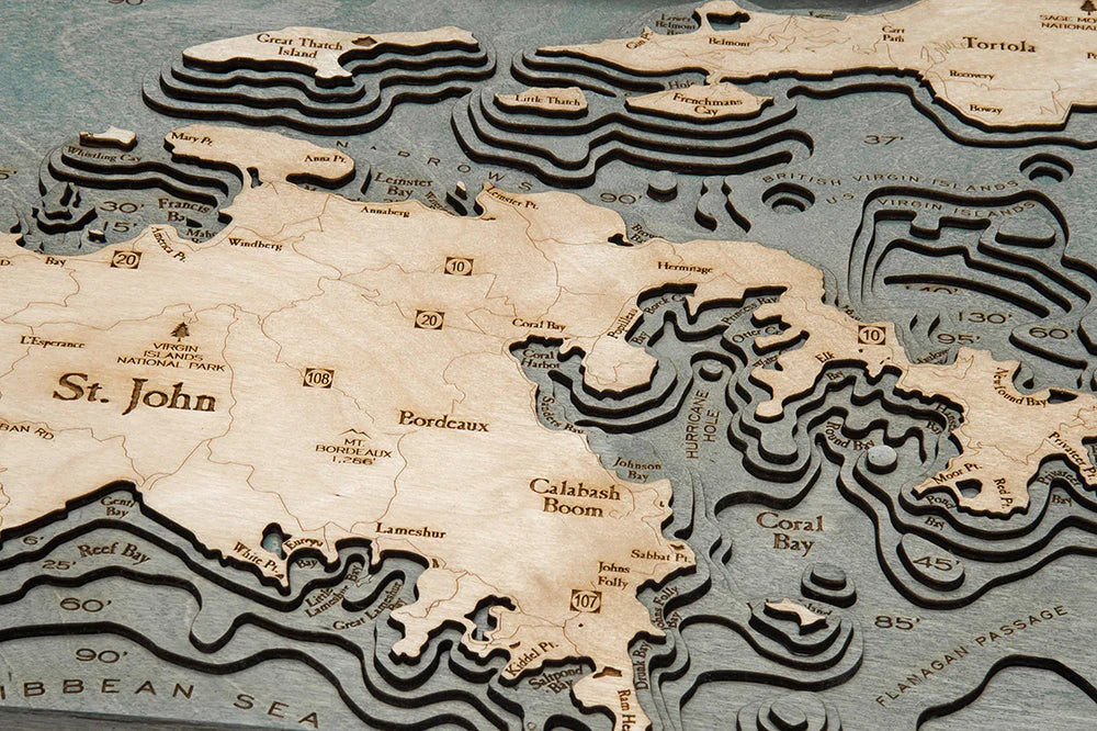 U.S. Virgin Islands 3D Nautical Wood Chart - Gray Frame Detail (St. John)