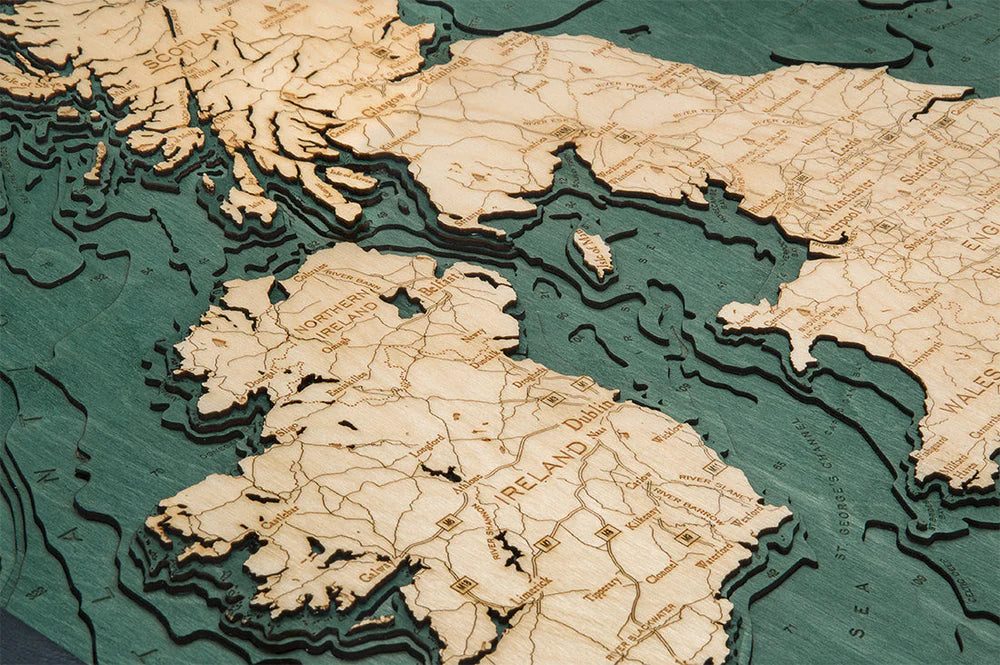 United Kingdom 3D Nautical Wood Chart - Dark Frame Detail (Ireland)