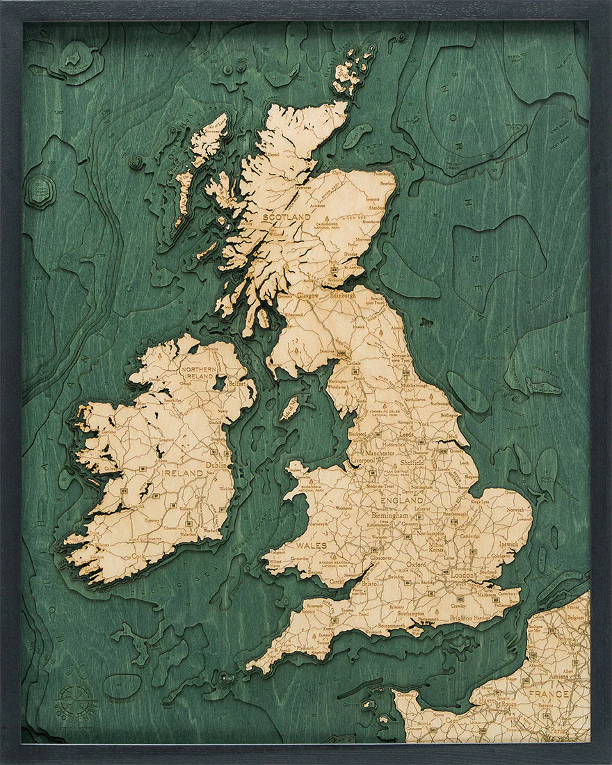 United Kingdom 3D Nautical Wood Chart - Dark Frame