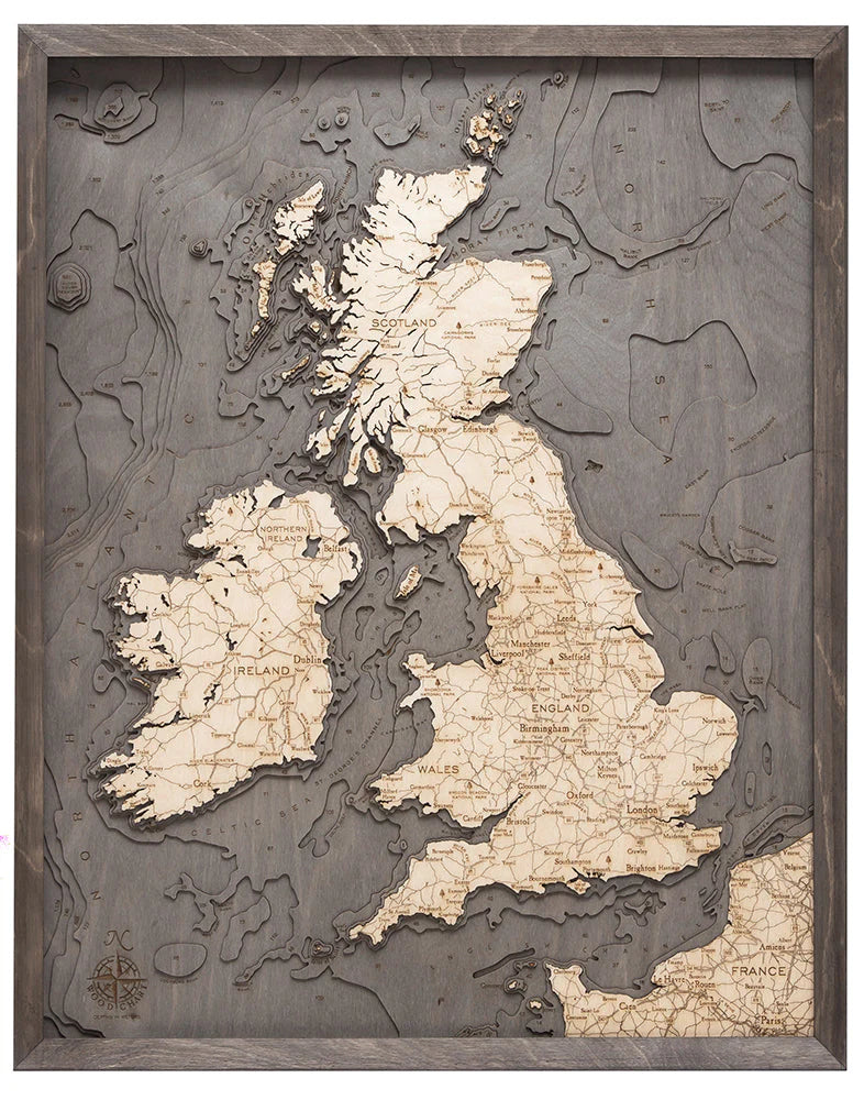 United Kingdom 3D Nautical Wood Chart - Gray Frame