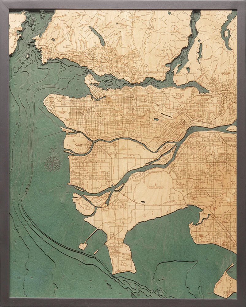 Vancouver, B.C. 3D Nautical Wood Chart - Dark Frame