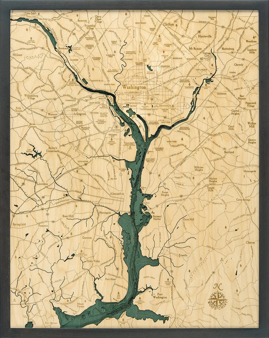 Washington D.C. 3D Nautical Wood Chart - Dark Frame