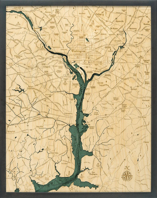 Washington D.C. 3D Nautical Wood Chart - Dark Frame