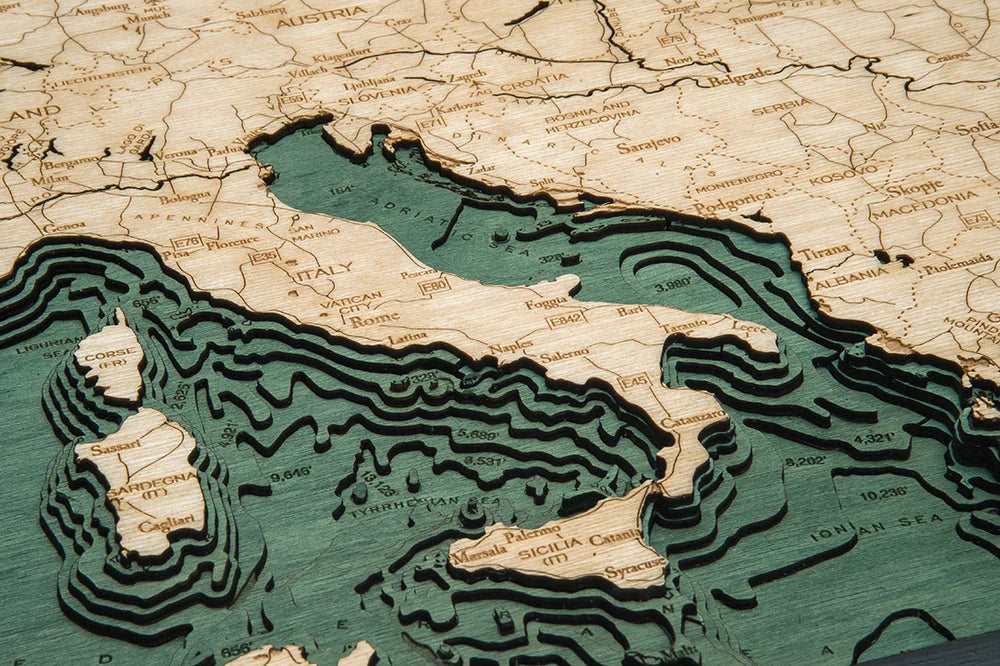 Western Europe 3D Nautical Wood Chart - Dark Frame Detail (Italy)