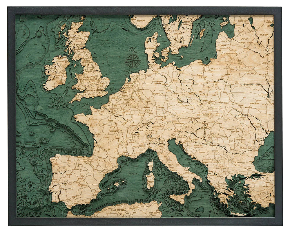 Western Europe 3D Nautical Wood Chart - Dark Frame