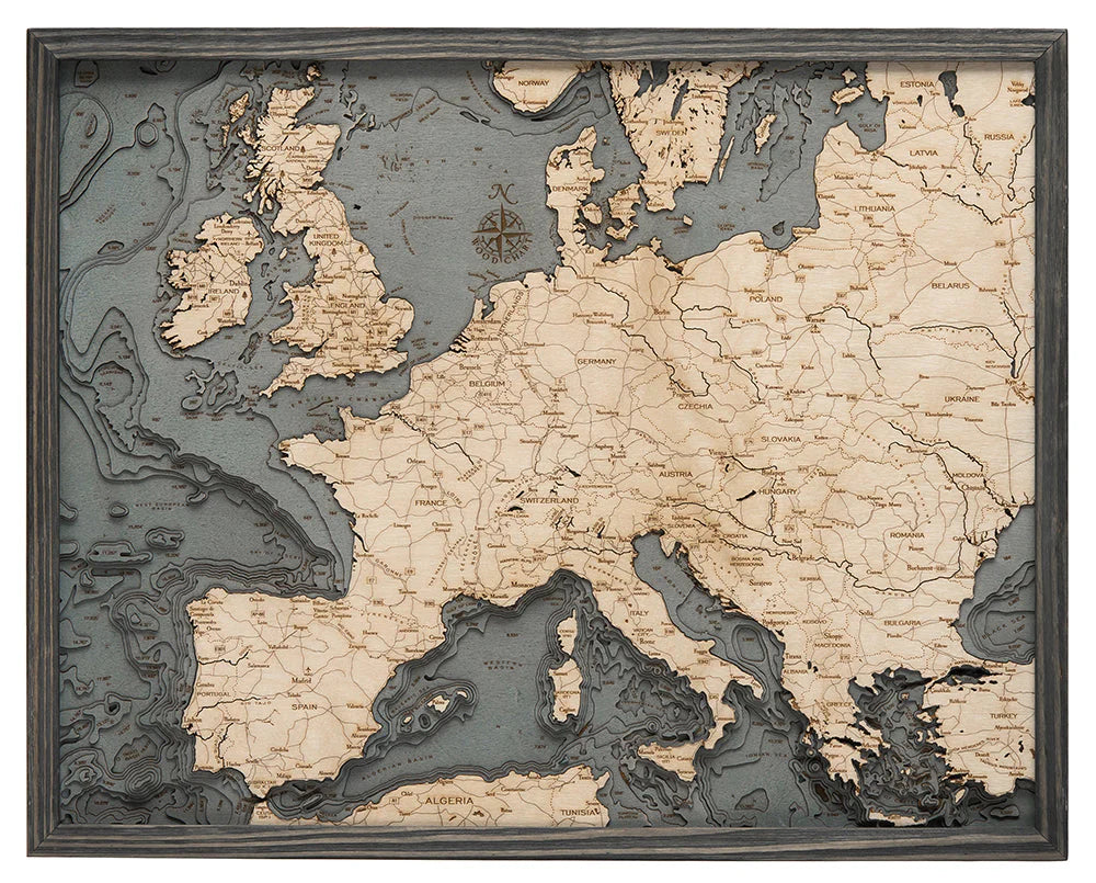 Western Europe 3D Nautical Wood Chart - Gray Frame