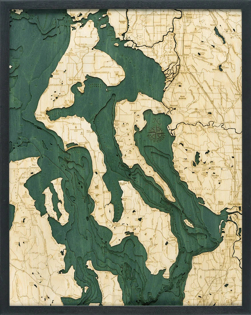 Whidbey & Camano Islands, WA 3D Nautical Wood Chart - Dark Frame