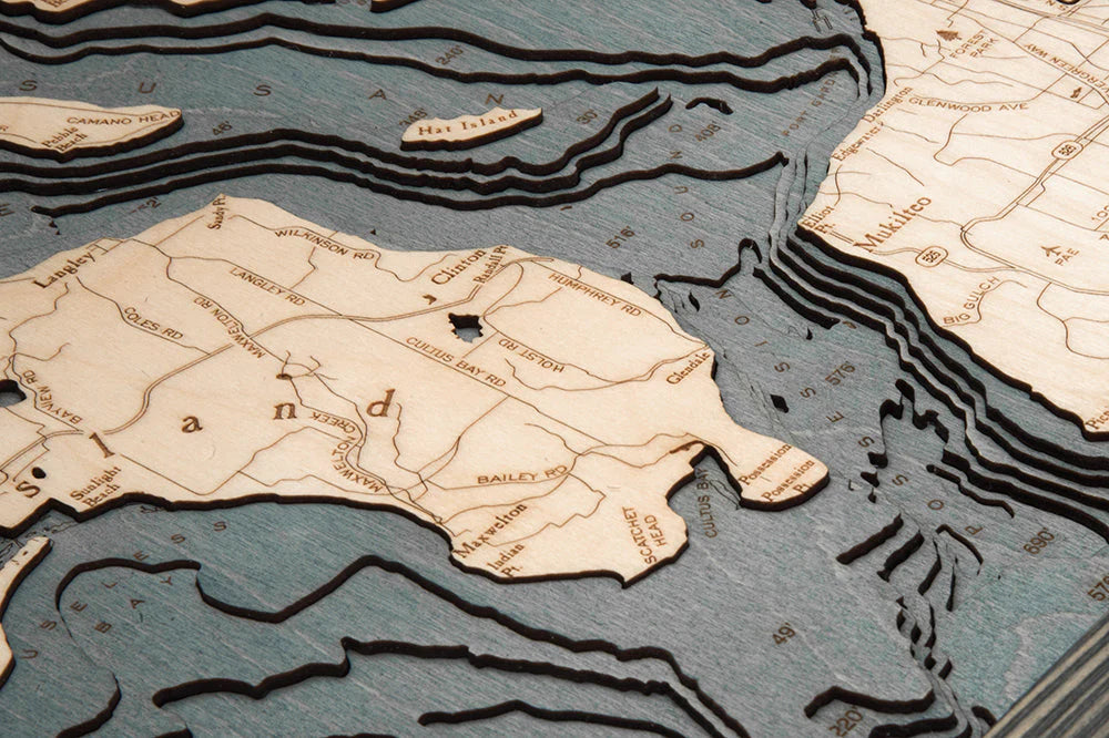 Whidbey & Camano Islands, WA 3D Nautical Wood Chart - Gray Frame Detail