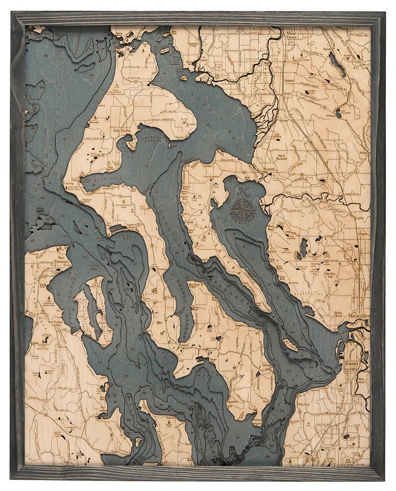 Whidbey & Camano Islands, WA 3D Nautical Wood Chart - Gray Frame
