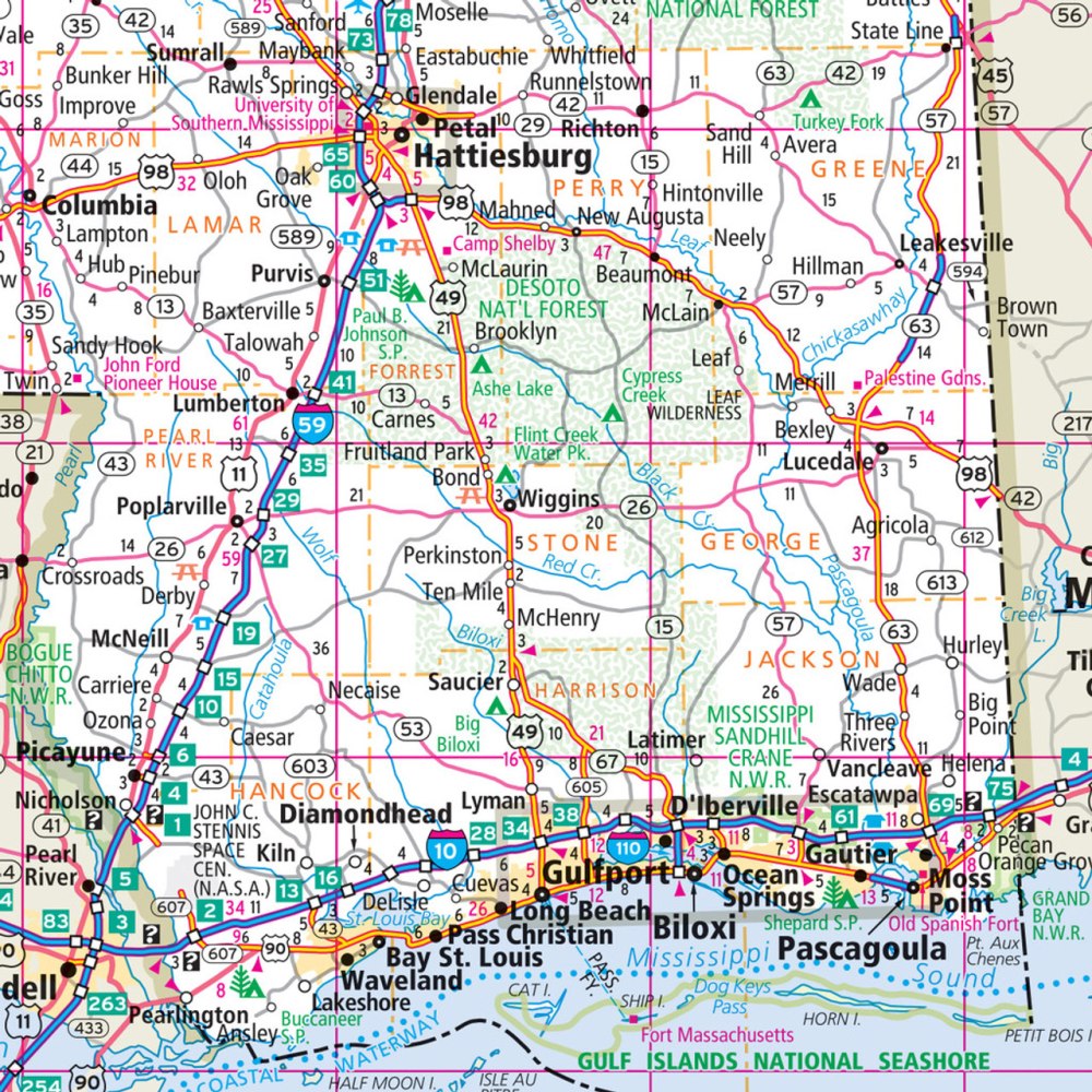 Mississippi State Highway Folded Map by Rand McNally (Easy to Read) - Map Detail