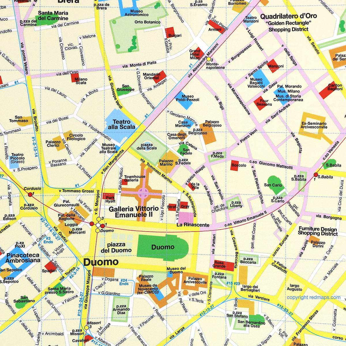 Milan City Center Street Map by Red Maps - Map Detail