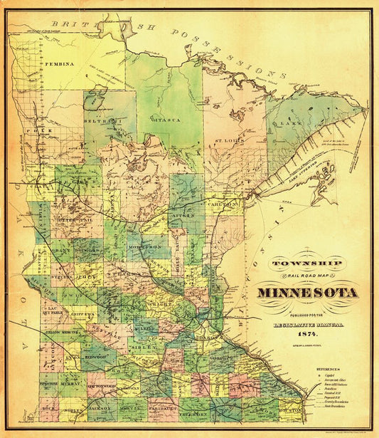 Minnesota 1874 Antique Map Reproduction