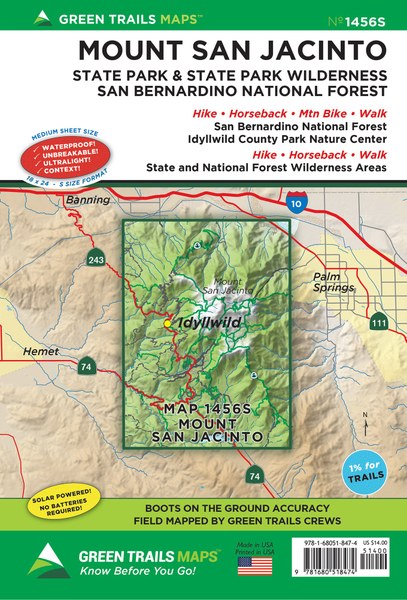 Map of Mount San Jacinto State Park and State Park Wilderness, featuring hiking trails and nearby locations.