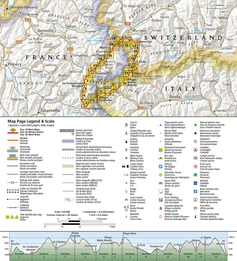 Tour du Mont Blanc Great Treks Topographic Map Guide by Nat Geo #4010 - Page Index & Legend