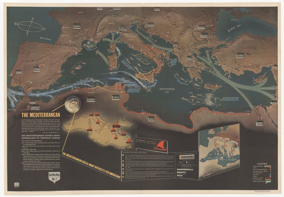 World War II Naval War Map 1 - The Mediterranean – Metsker Maps