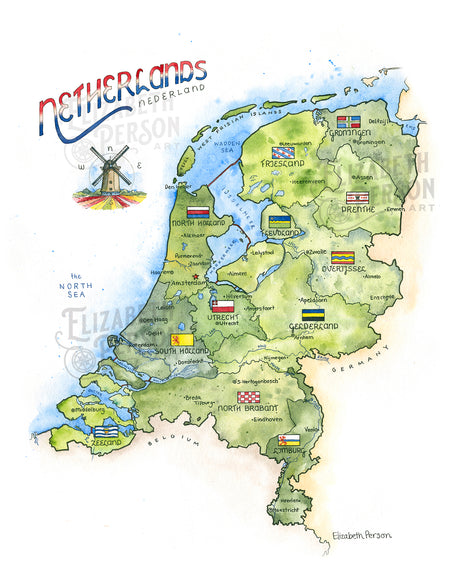 Netherlands Watercolor Map by Elizabeth Person
