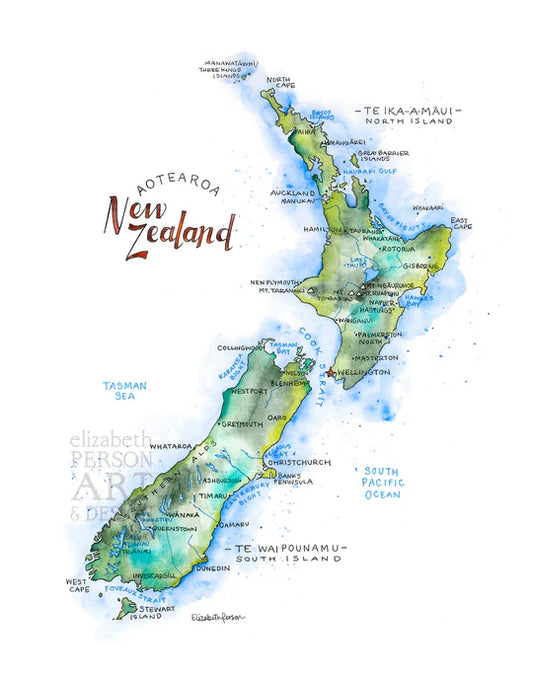 New Zealand Watercolor Map by Elizabeth Person
