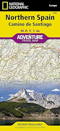 National Geographic adventure travel map of Northern Spain and Camino de Santiago with mountain landscape.